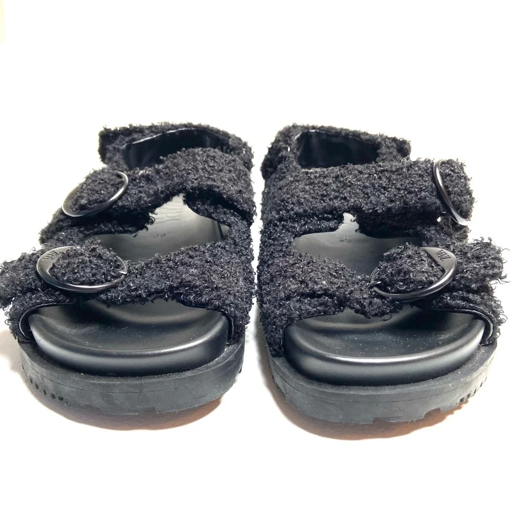 ZARA Black Faux Sherpa Fleece Double Buckle Sandal
